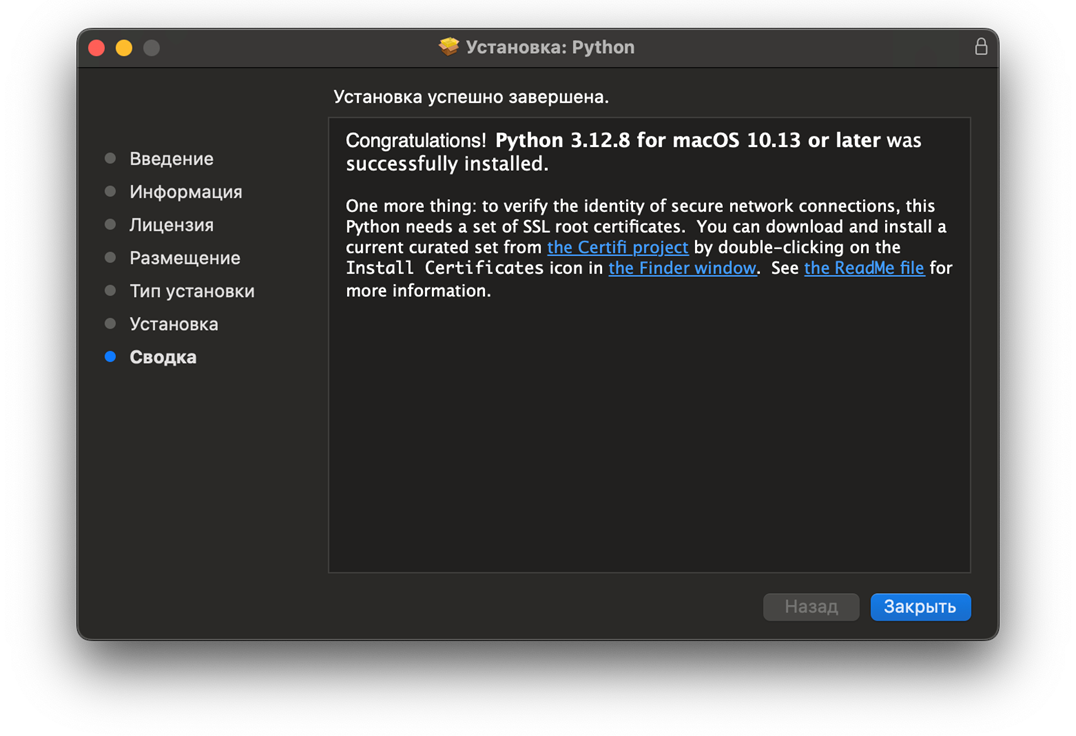 Завершенный процесс установки Python